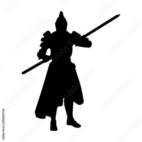 Silhouette of a knight with a spear on a transparent background