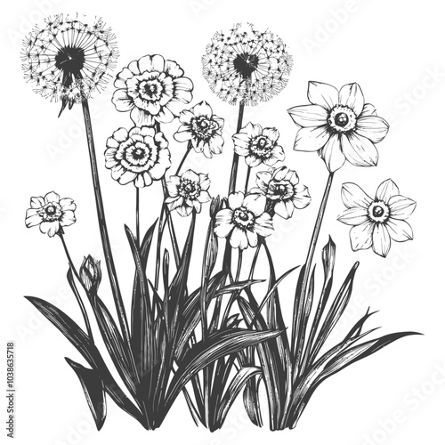 Hand drawn black and white illustration of various blooming flowers and foliage