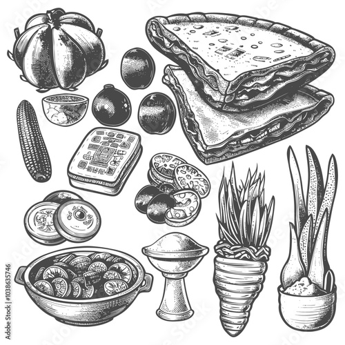 Hand Drawn Black and White Illustration of Various Food and Plant Items