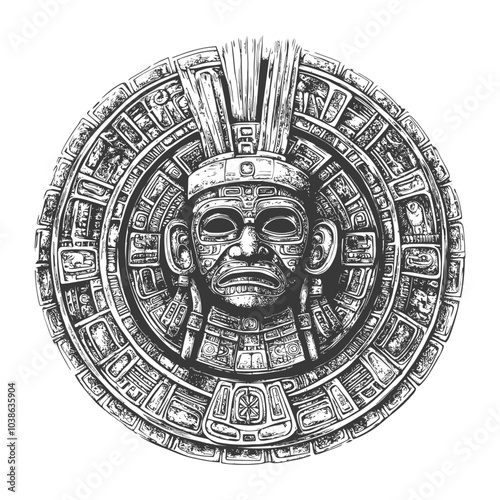 Hand drawn Aztec Mask with Intricate Circular Design