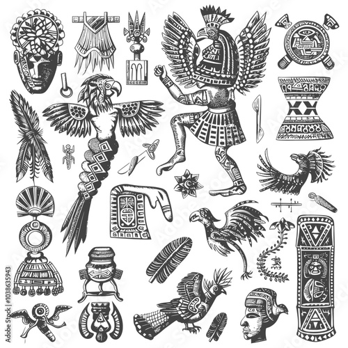 Hand Drawn Black and White Collection of Ancient Mayan Symbols and Artwork