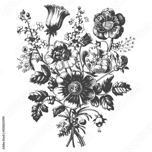 Hand Drawn Black and White Floral Bouquet with Detailed Petals and Leaves