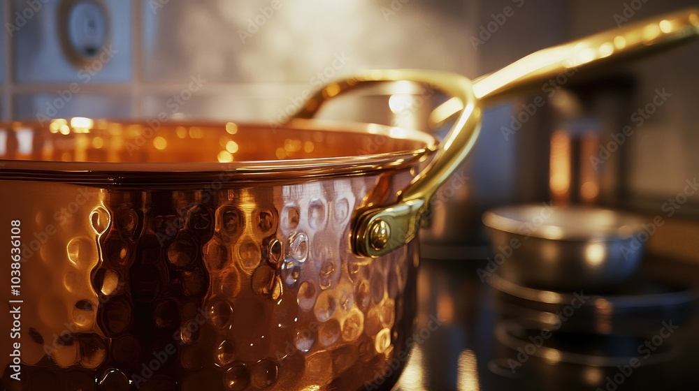 Fototapeta premium Close-up of a copper saucepan with brass handle, surface glistening under kitchen lights, evoking a sense of tradition and refined culinary artistry.