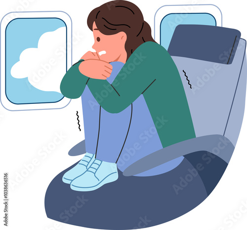 Aerophobia in woman flying in airplane, encountered turbulence, and sitting with legs up in passenger seat of airliner. Problem of aerophobia in girl experiencing panic due to fear of heights
