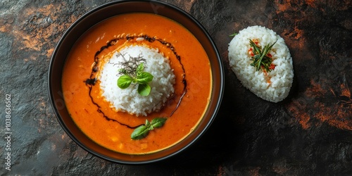 A vibrant red curry dish made to resemble the surface of Mars with rice shaped like Olympus Mons photo