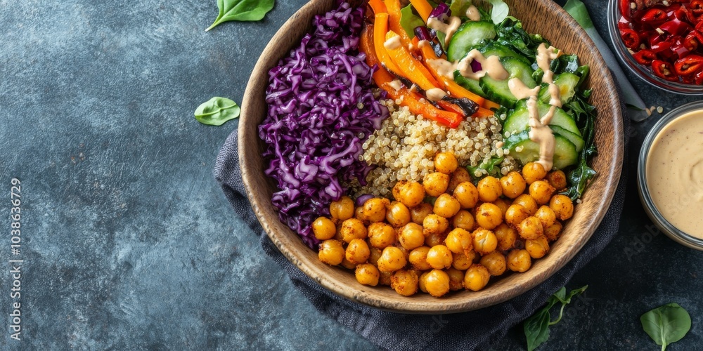 A vibrant vegan buddha bowl filled with quinoa, roasted chickpeas, colorful vegetables, and tahini dressing A vibrant vegan buddha bowl filled with quinoa, roasted chickpeas, colorful vegetables, and tahini dressing