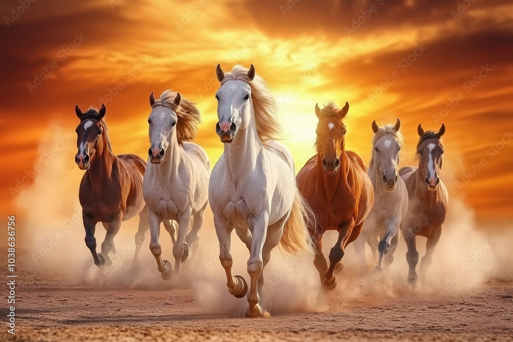 Obraz premium Fiery Sky and Free Horses in the Desert