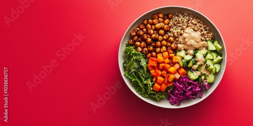 A vibrant vegan buddha bowl filled with quinoa, roasted chickpeas, colorful vegetables, and tahini dressing