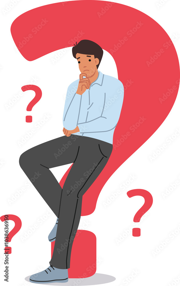 Man looking for answer to question and is considering options for solving problems that have arisen. Question marks around guy in need of help due to troubles caused by financial crisis
