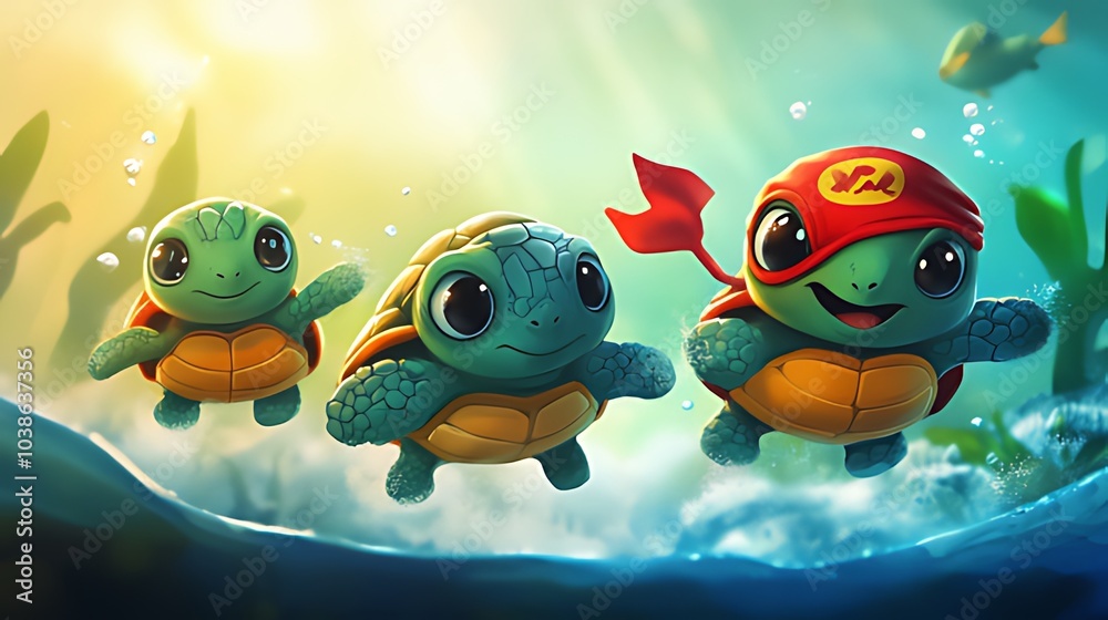 Three cartoon turtles swim in the ocean, one wearing a red bandana. Three cartoon turtles swim in the ocean, one wearing a red bandana.