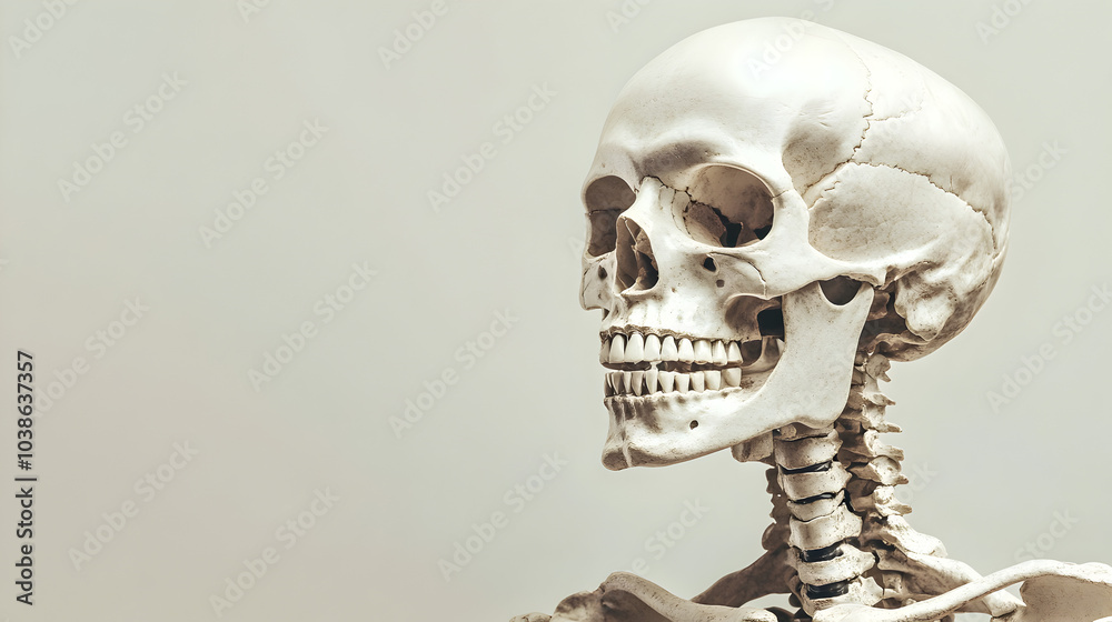 A life-sized human skeleton model displayed in a classroom setting, highlighting the anatomy and structure of the human body for educational purposes A life-sized human skeleton model displayed in a classroom setting, highlighting the anatomy and structure of the human body for educational purposes