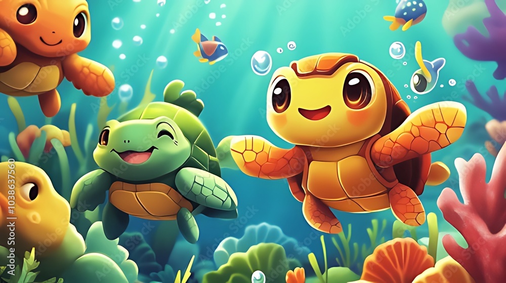 Four cute cartoon turtles swimming in a blue ocean with coral reefs. Four cute cartoon turtles swimming in a blue ocean with coral reefs.