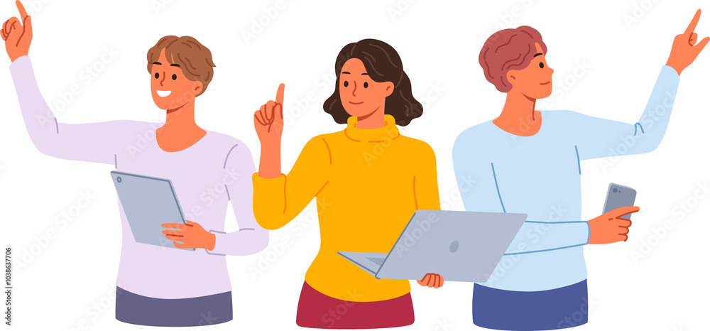Team of freelancers with gadgets, working together on complex project, stretching out hands to virtual screens. Freelancers use modern technologies to fulfill orders from online clients