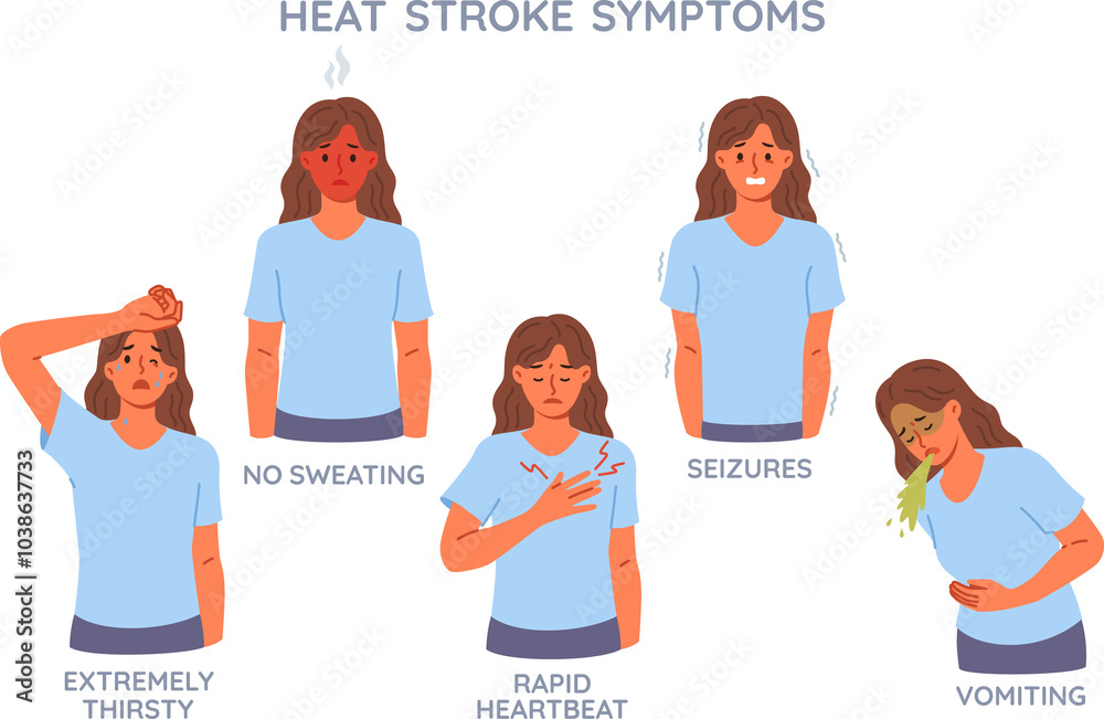 Symptoms of heat stroke are demonstrated by woman with flushed face or elevated temperature. Infographics showing different reactions after heat stroke resulting from prolonged exposure to sun