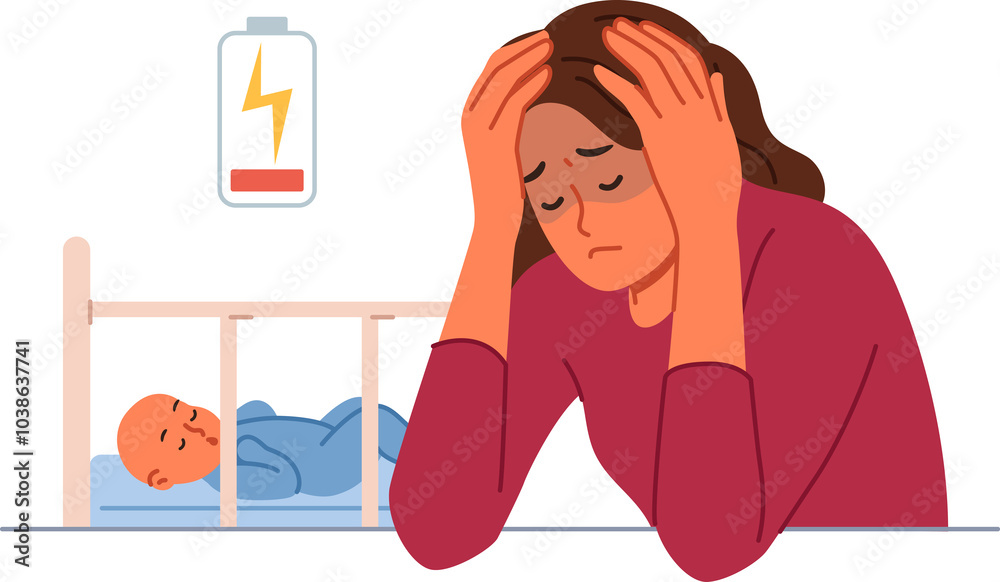 Single mother experiences postpartum depression and suffers from lack of energy to raise son. Problem of postpartum depression in sad young girl sitting near crib with sleeping baby