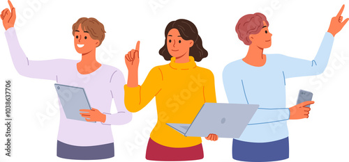 Obraz na płótnie Team of freelancers with gadgets, working together on complex project, stretching out hands to virtual screens. Freelancers use modern technologies to fulfill orders from online clients w salonie