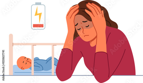 Single mother experiences postpartum depression and suffers from lack of energy to raise son. Problem of postpartum depression in sad young girl sitting near crib with sleeping baby