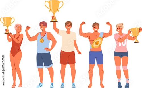 Several athletes with gold cups and medals boast of achievements and trophies received at international olympics. Successful sportsmen with trophies for winning team running or swimming tournament