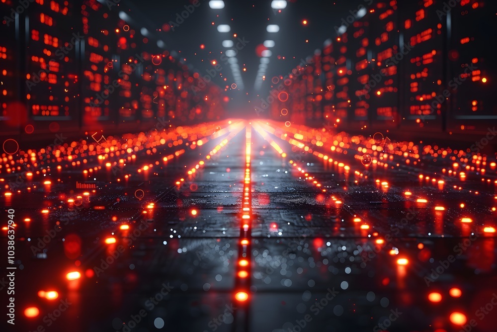 Obraz premium Futuristic Data Center with Glowing Red Lights and Circuit Pattern