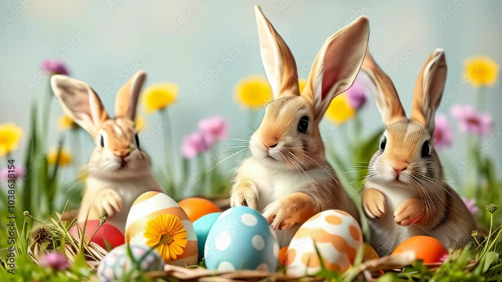 Easter Rabbits with Colorful Eggs in Spring Easter Rabbits with Colorful Eggs in Spring