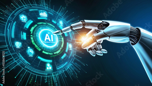 Futuristic Robot Hand Interacting with Holographic Data Web Generative AI