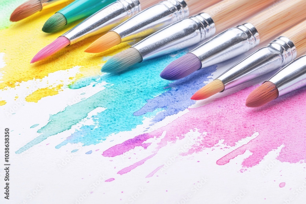 Obraz premium Colorful paintbrushes on a splash of watercolor vibrancy.