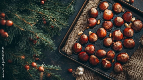 Roasted chestnuts on a baking sheet, isolated on a rough burlap background, with decorative dried herbs and garlic cloves