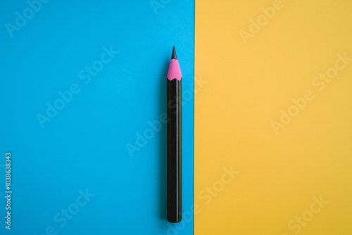 A single black pencil lies flat dividing the blue from the yellow background, creating a striking contrast. photo