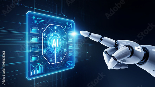 Futuristic Robot Hand Interacting with Holographic Data Web Generative AI