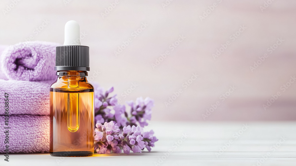 Essential oil bottles next to lavender and cozy towels create a relaxing aromatherapy vibe