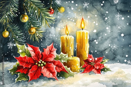 Decorative Christmas candles and poinsettias with a snowy background.