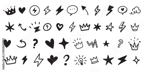 set of hand drawn heart, crown stars icon collection