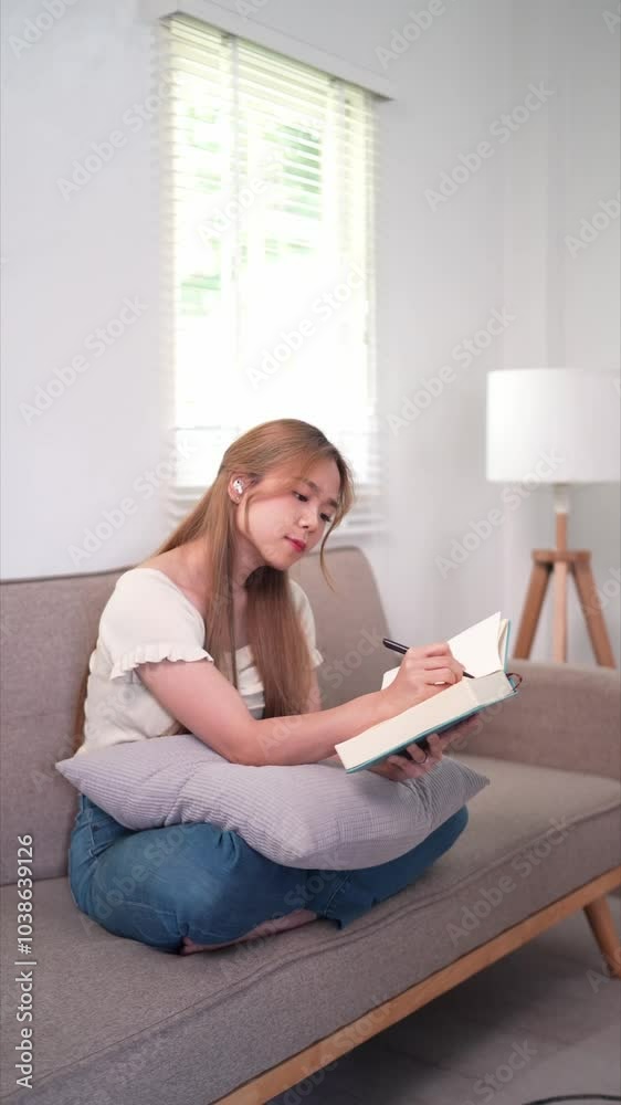 A young woman is sitting cross-legged on a couch, writing in a notebook. She appears focused, with natural light coming in from a nearby window and a plant beside her A young woman is sitting cross-legged on a couch, writing in a notebook. She appears focused, with natural light coming in from a nearby window and a plant beside her