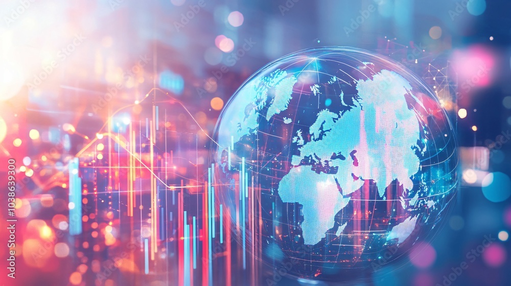 Digital globe with bar and line charts, light background, concept of business and technology, creative illustration. 3D Rendering Digital globe with bar and line charts, light background, concept of business and technology, creative illustration. 3D Rendering