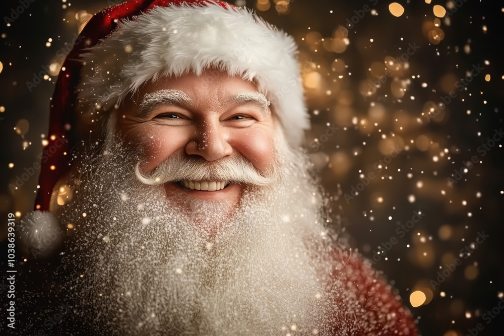 Cheerful Santa Claus in a festive setting with sparkling holiday lights. Generative AI Cheerful Santa Claus in a festive setting with sparkling holiday lights. Generative AI