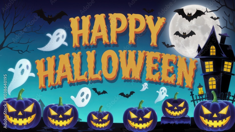 Colorful Halloween scene with pumpkins, ghosts, and a spooky house against a moonlit sky.