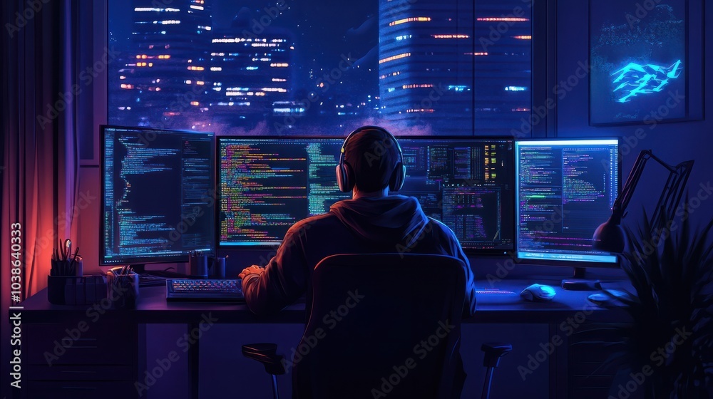 Late-Night Software Developer Working in Dark Office Late-Night Software Developer Working in Dark Office