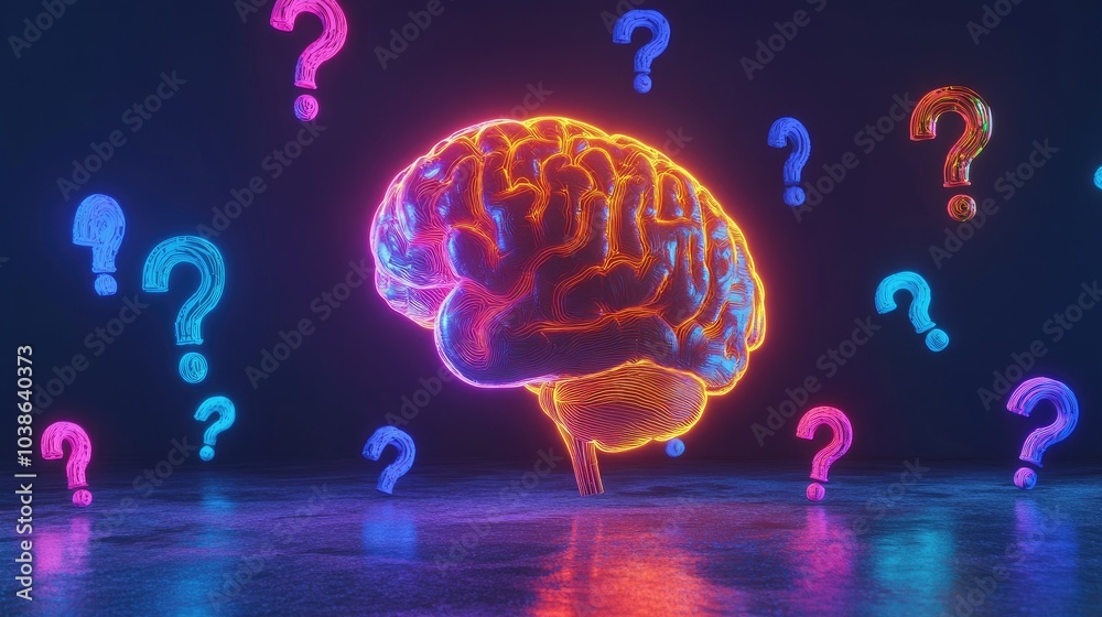 Digital rendering of a brain glowing with neon colors, surrounded by vibrant question marks, symbolizing learning and problem-solving Digital rendering of a brain glowing with neon colors, surrounded by vibrant question marks, symbolizing learning and problem-solving