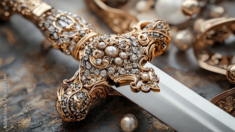 A closeup of a gold sword hilt encrusted with jewels, gold sword, weapon of power A closeup of a gold sword hilt encrusted with jewels, gold sword, weapon of power