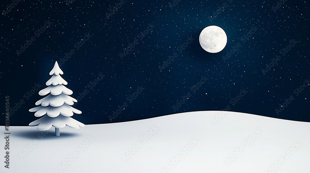 Naklejka premium A tranquil winter scene featuring a snowy landscape, a decorated evergreen tree, and a bright moon in a starry night sky.