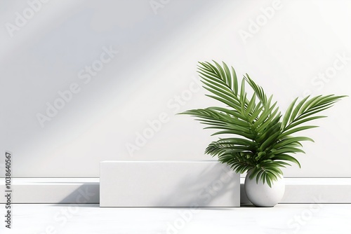 A modern interior with a green palm plant in a white pot placed elegantly against a minimalistic light background in daylight. 