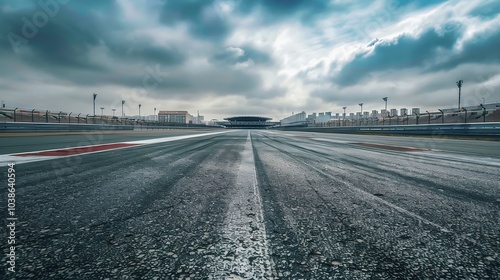 A deserted racetrack awaits eager drivers under dramatic clouds and soft light in a bustling city environment. Generative AI