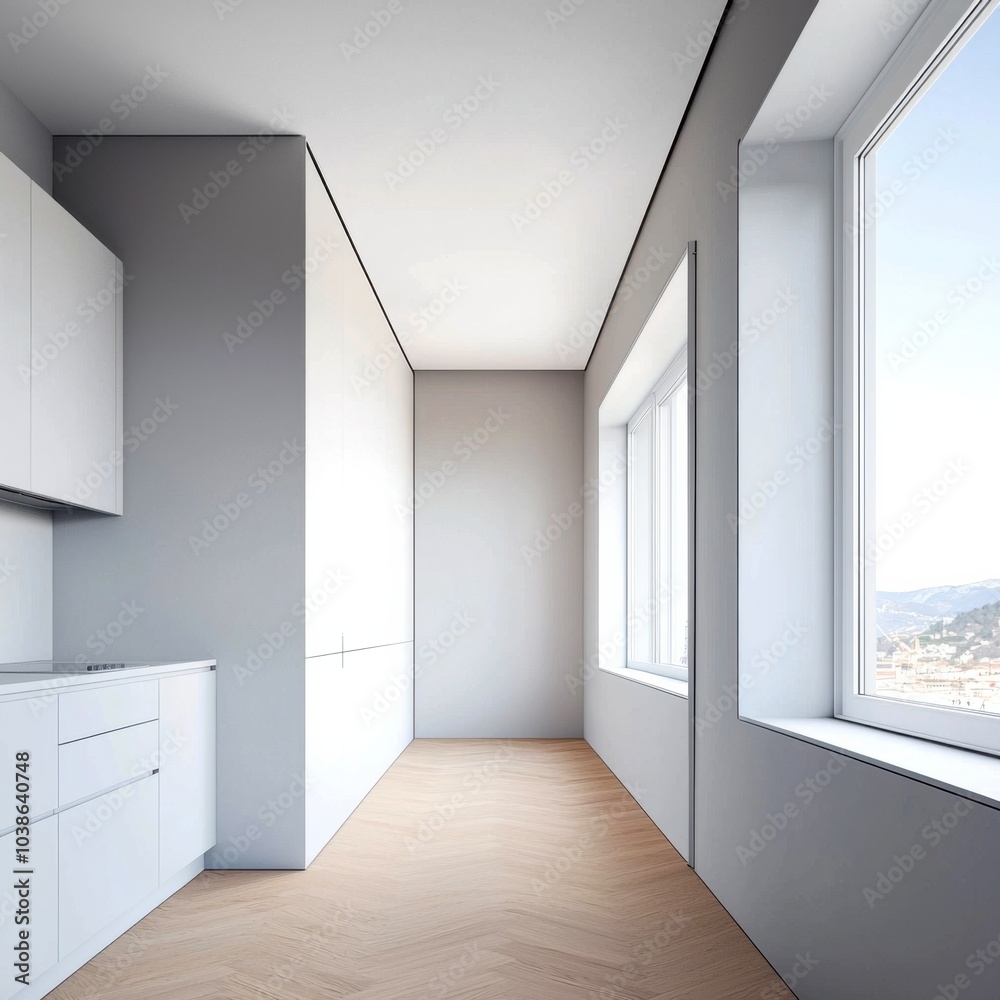 Obraz premium Modern minimalistic interior with white walls and large windows, bright space.