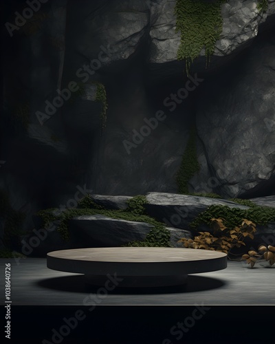 A serene natural setting featuring a stone pedestal surrounded by moss-covered rocks and subtle foliage in a dimly lit cave photo