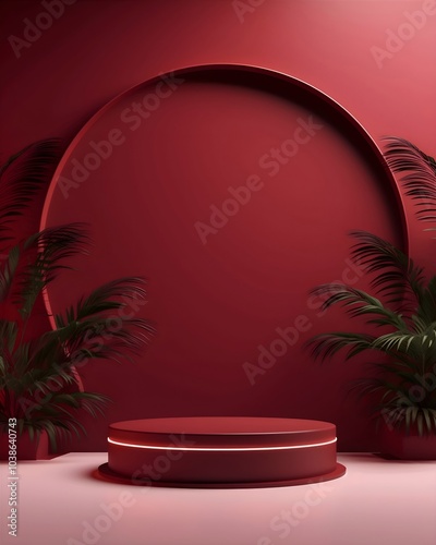 Minimalist red interior design featuring a circular backdrop and lush greenery in a modern setting