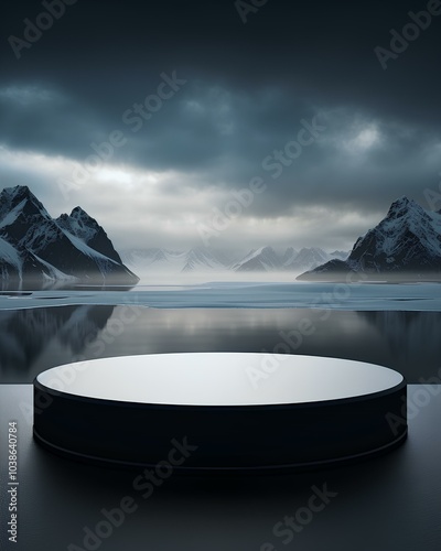 A tranquil landscape featuring a circular platform overlooking serene waters and majestic mountains under a cloudy sky