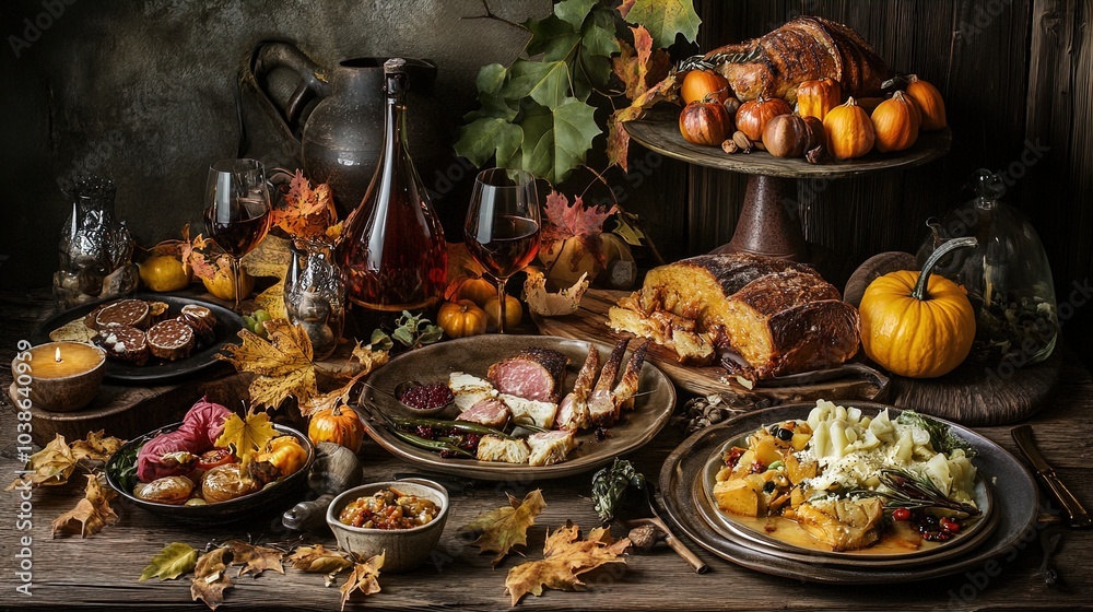 A beautifully arranged autumn harvest feast, showcasing a rich variety of dishes on rustic wooden tables. The scene is adorned with vibrant fall leaves in hues of gold, brown, and red. Various dishes A beautifully arranged autumn harvest feast, showcasing a rich variety of dishes on rustic wooden tables. The scene is adorned with vibrant fall leaves in hues of gold, brown, and red. Various dishes