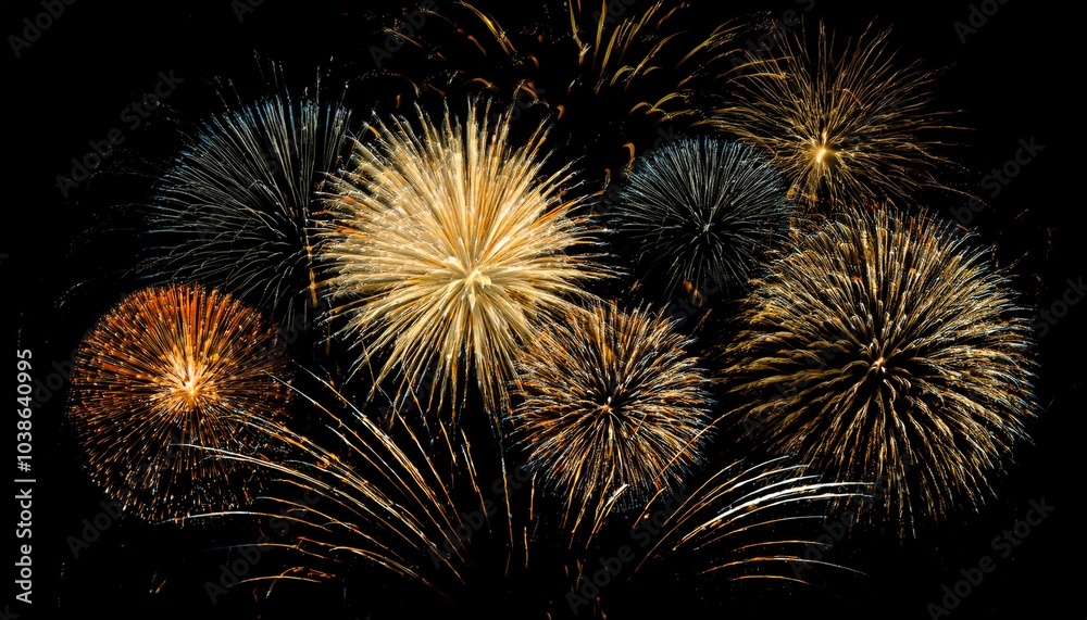 Obraz premium Beautiful illustration of colorful fireworks on plain black background. Colorful Fireworks in black sky background for New Year celebration concept. High quality illustration
