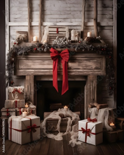 A Rustic Christmas Fireplace Awaits with Gifts and Warmth.