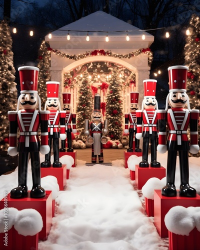 Toy Soldiers Stand Guard Along a Snowy Christmas Path.